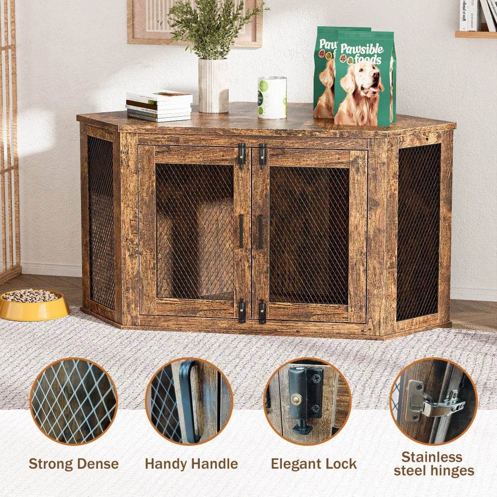 Retro Wooden Space-Saving Corner Pet Dog House - Omega Lifestyles