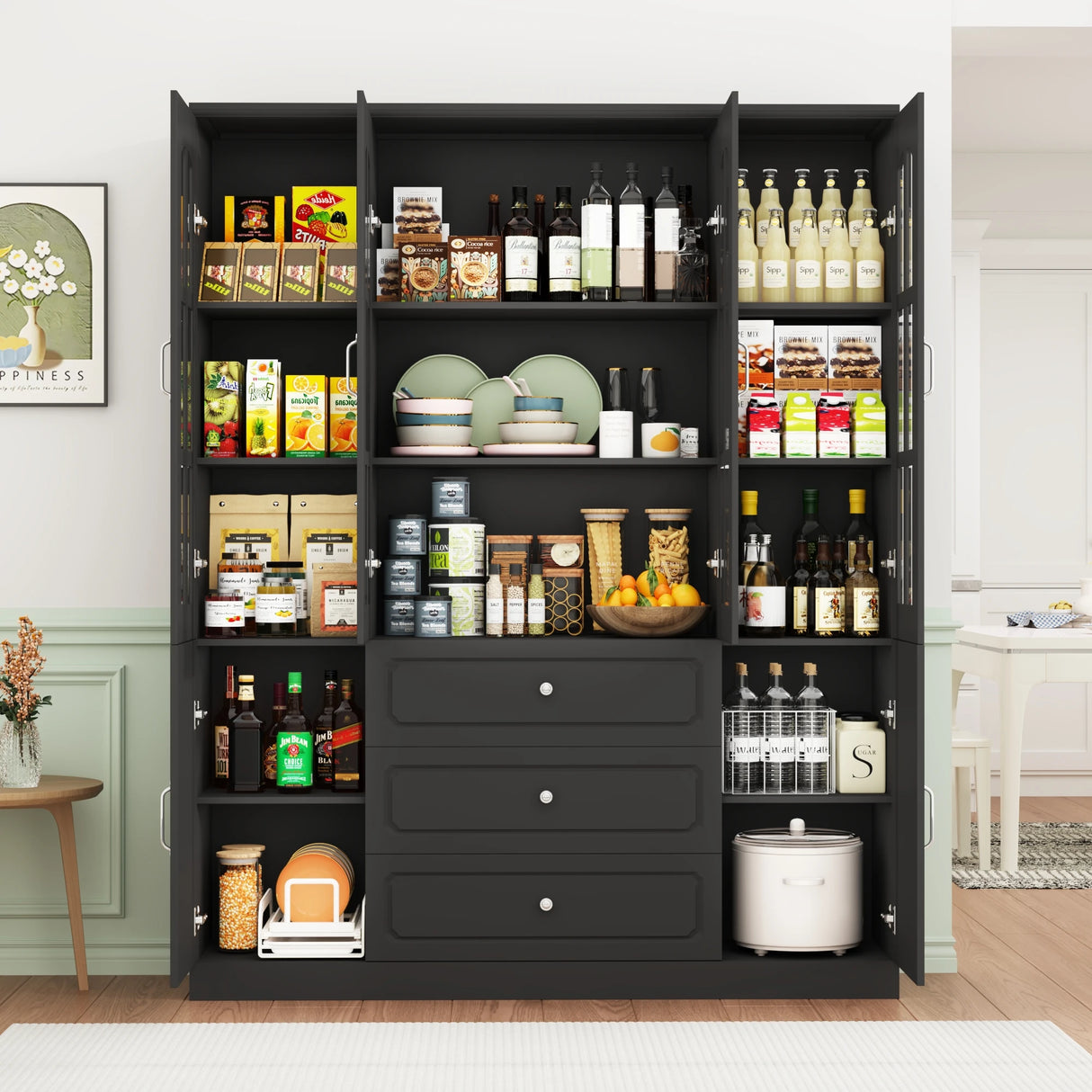 Spacious White Glass Door Dining Room Storage Cabinet
