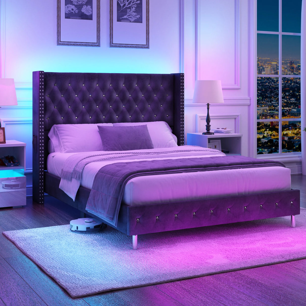 Queen Velvet Upholstered Wingback Bed Frame With LED Lights