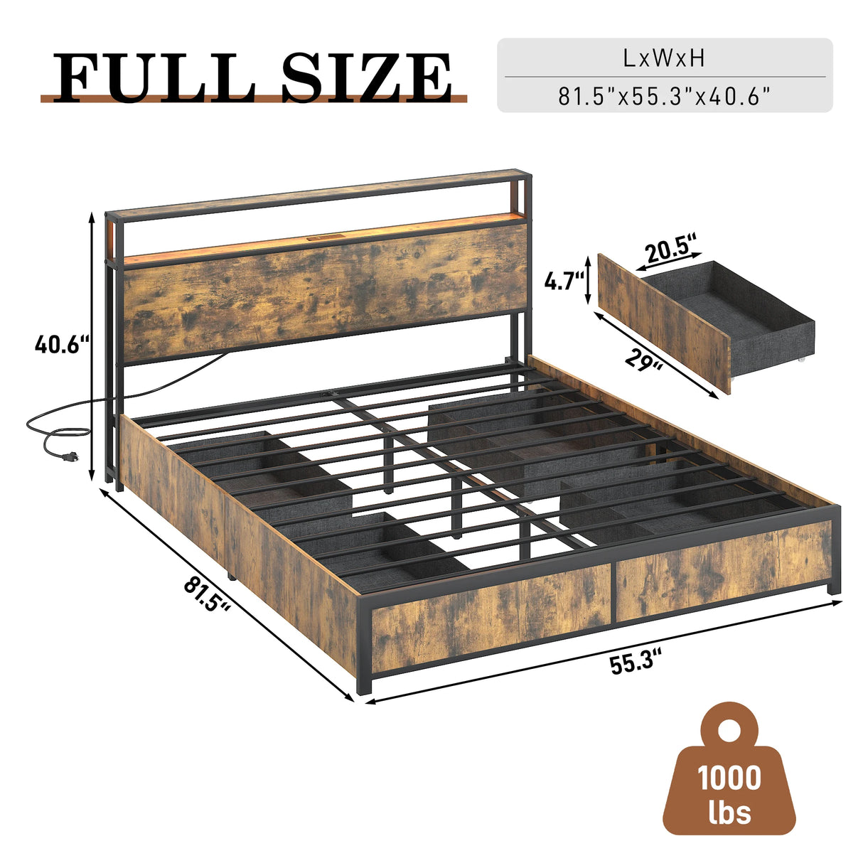 Queen LED Platform Bed Frame With Storage Drawers and USB Charging