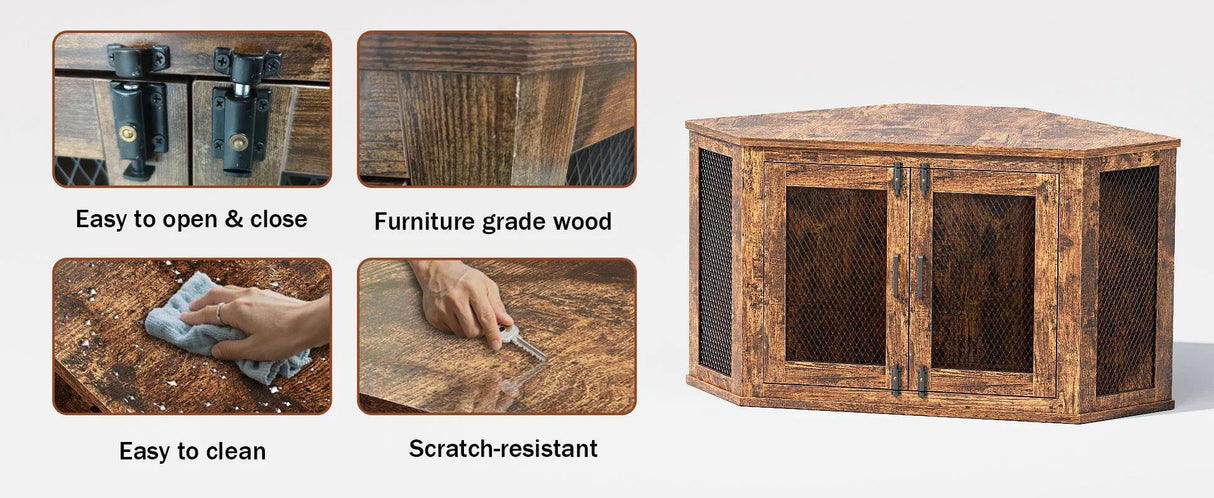 Retro Wooden Space-Saving Corner Pet Dog House - Omega Lifestyles