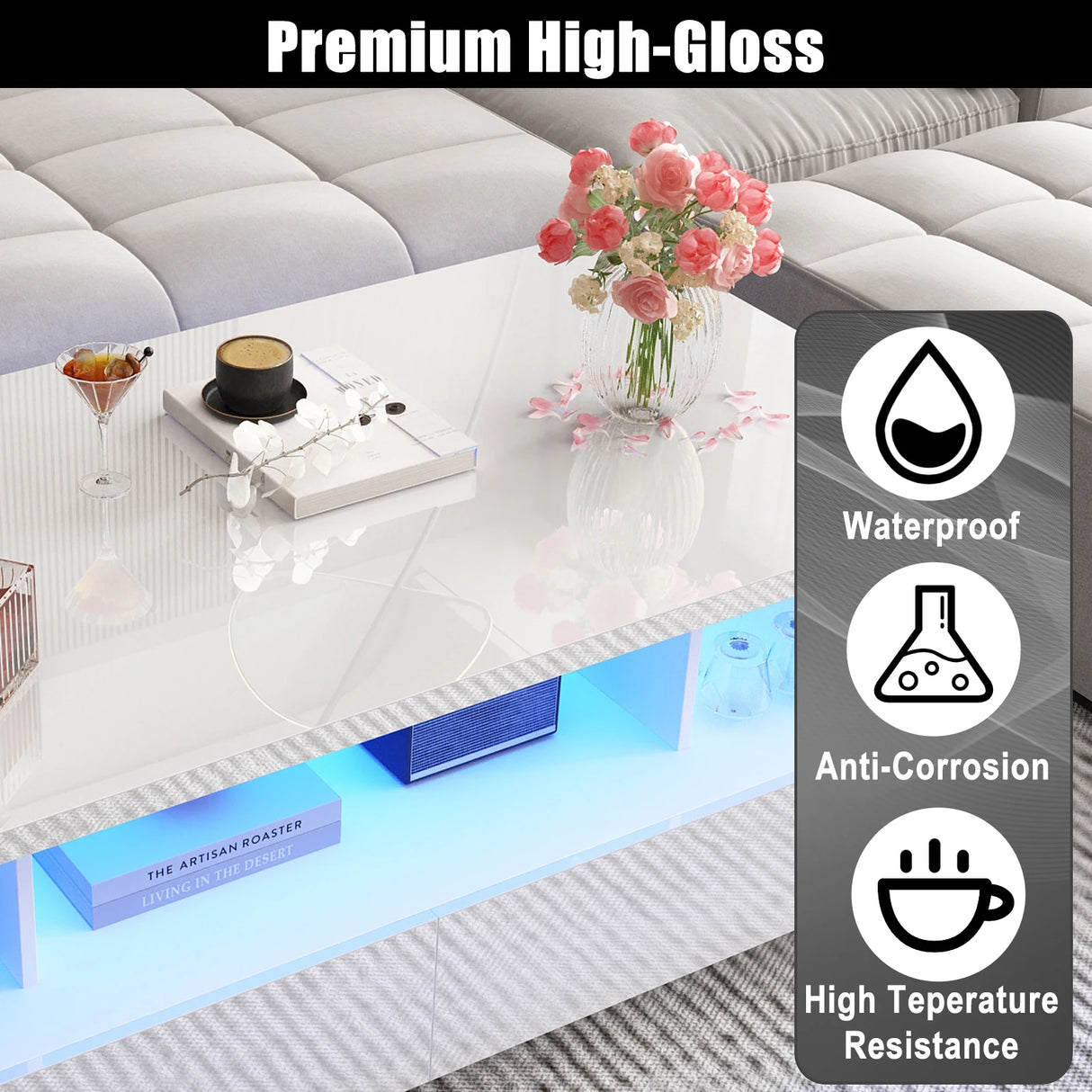43-Inch Modern LED High Gloss Coffee Table With Storage Drawers