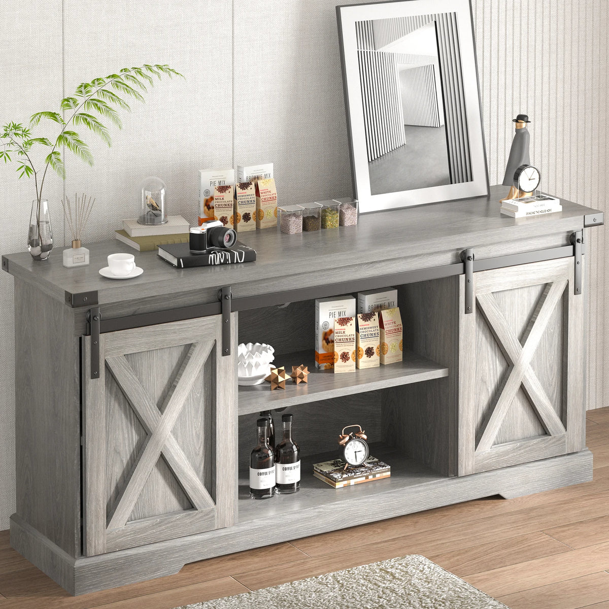 Farmhouse Wooden TV Stand With Sliding Barn Doors