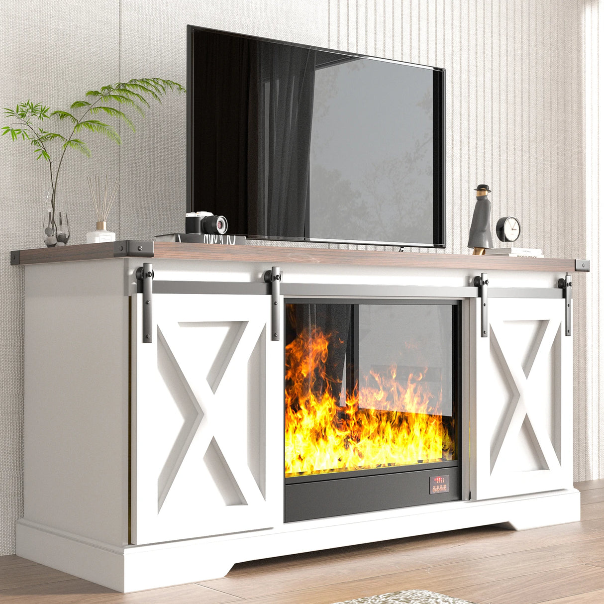 Farmhouse Wooden TV Stand With Sliding Barn Doors