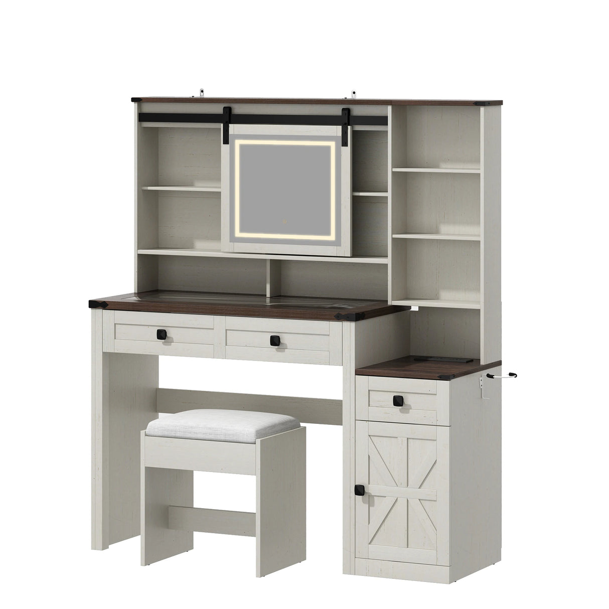 Farmhouse Makeup Vanity Desk With Mirror Lights Stool