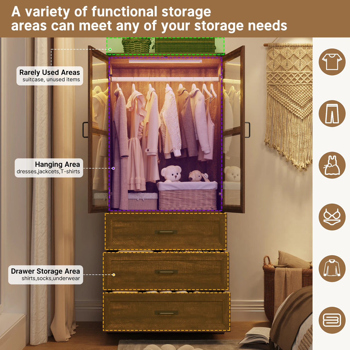75-Inch Farmhouse LED 2-Door Armoire Wardrobe Closet