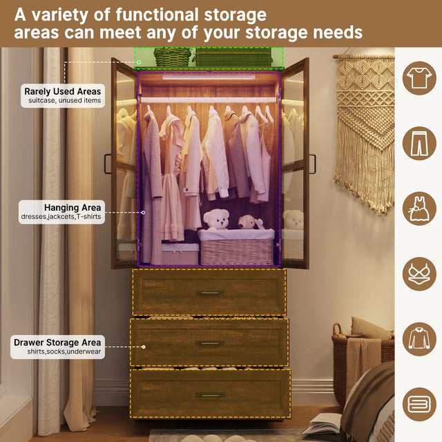 75-Inch Farmhouse LED 2-Door Armoire Wardrobe Closet