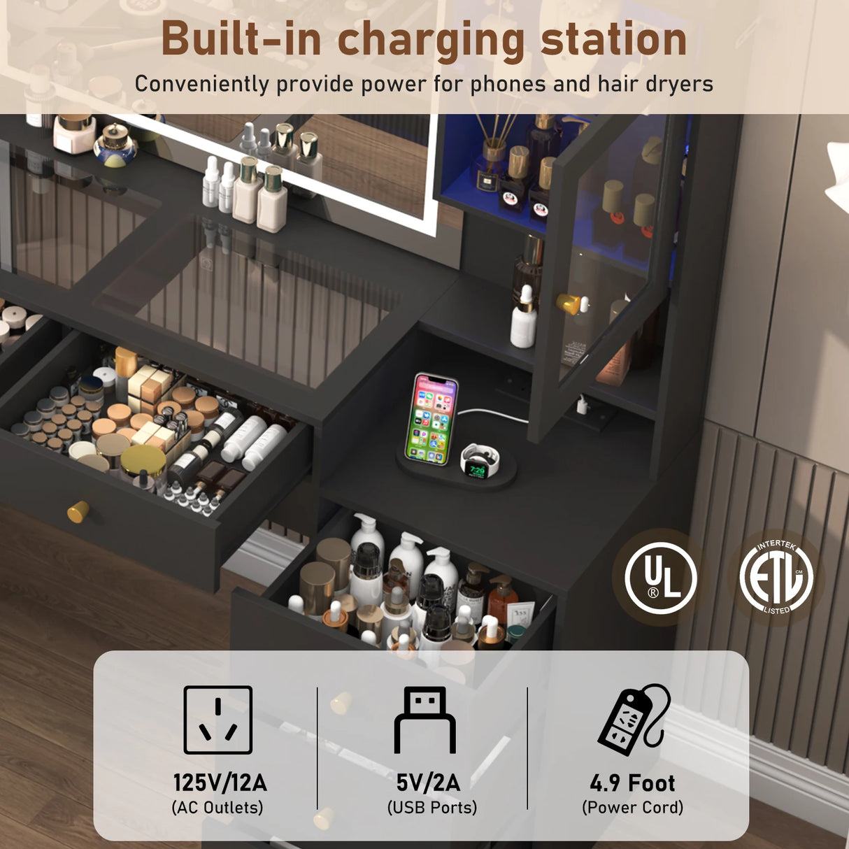 Large Modern Wooden Vanity Desk With Mirror Lights