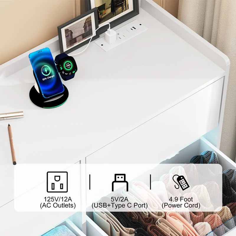 9-Drawer Wooden Dresser With LED Lights And Charging Station