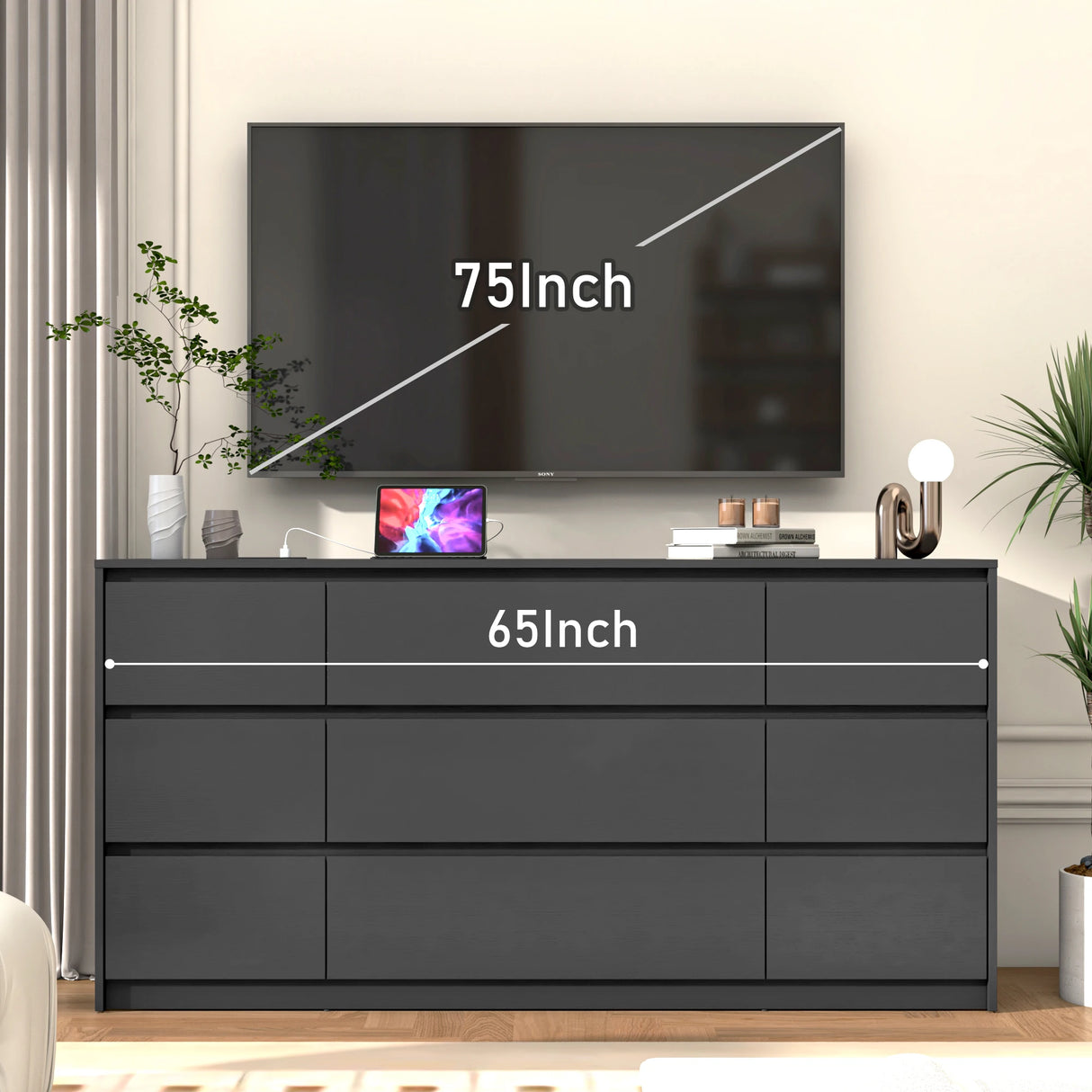 Modern 9 Drawer Engineered Wood Dresser With Charging Station