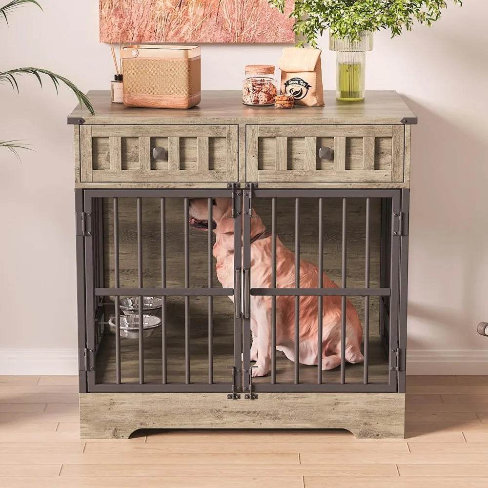 Indoor Wooden Dog Crate Furniture With Adjustable Feeder - Omega Lifestyles