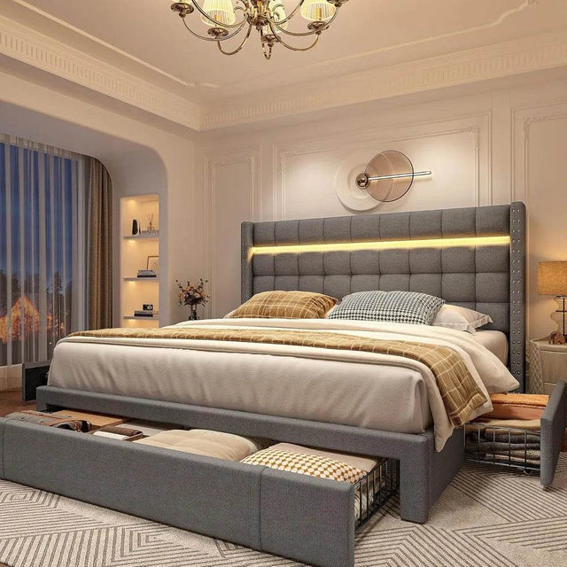 Queen Upholstered Bed Frame With Storage Drawers - Omega Lifestyles