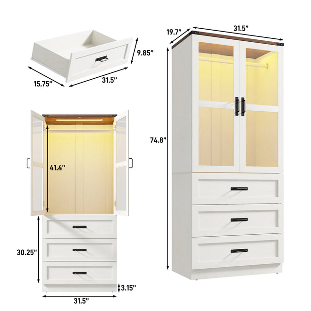 75-Inch Farmhouse LED 2-Door Armoire Wardrobe Closet