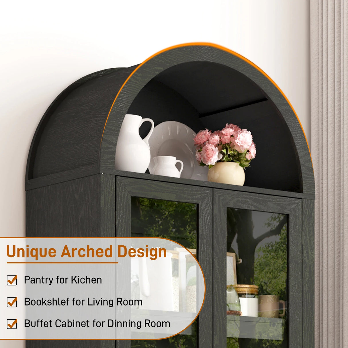 75-Inch Arched Farmhouse Wood Kitchen Pantry Cabinet