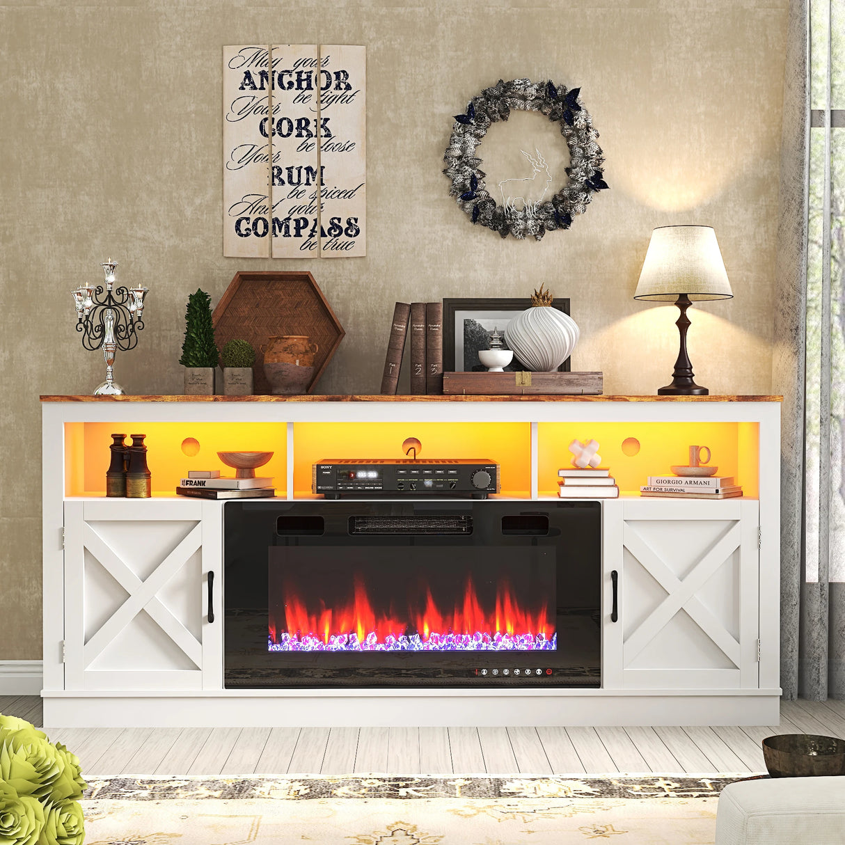 Farmhouse Rustic Fireplace TV Stand With LED Light