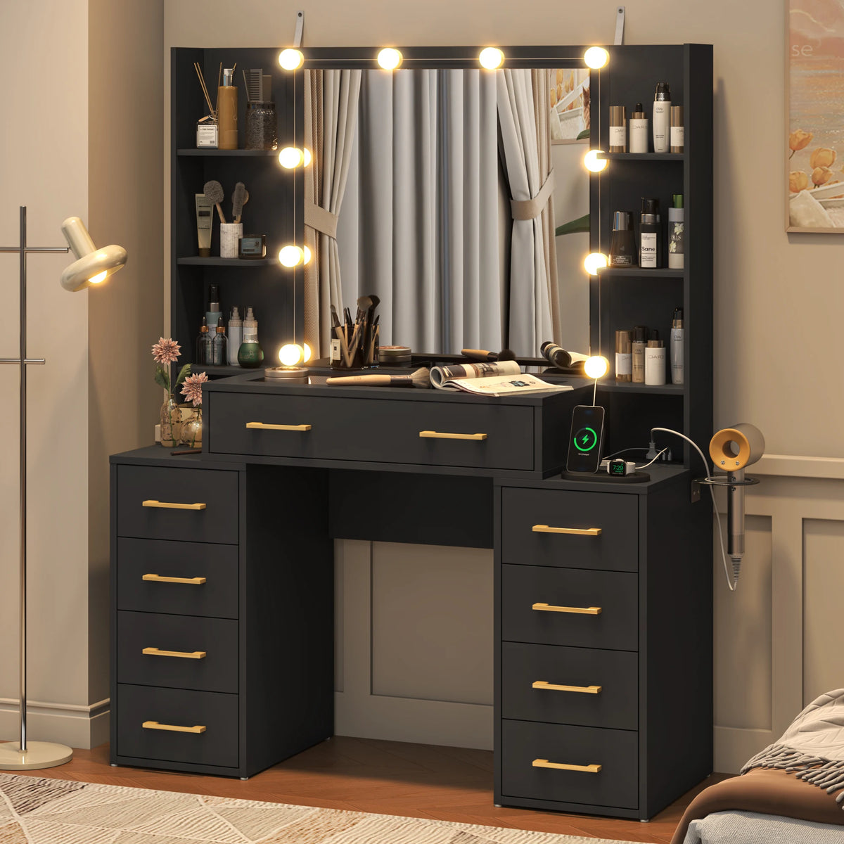 Modern Glass Top Vanity Desk With Mirror LED Lights