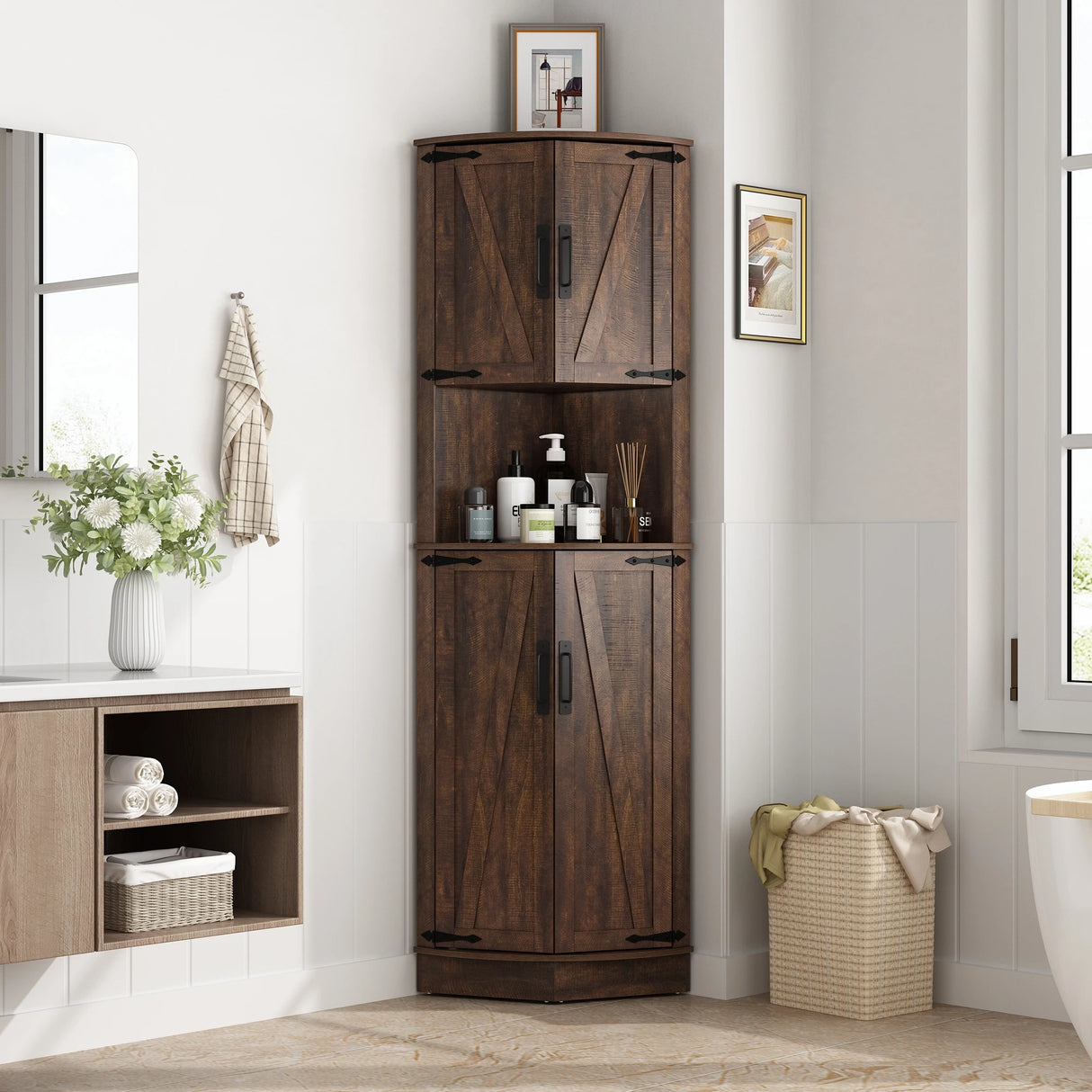 67.5-Inch Farmhouse Corner Cabinet With Adjustable Shelves