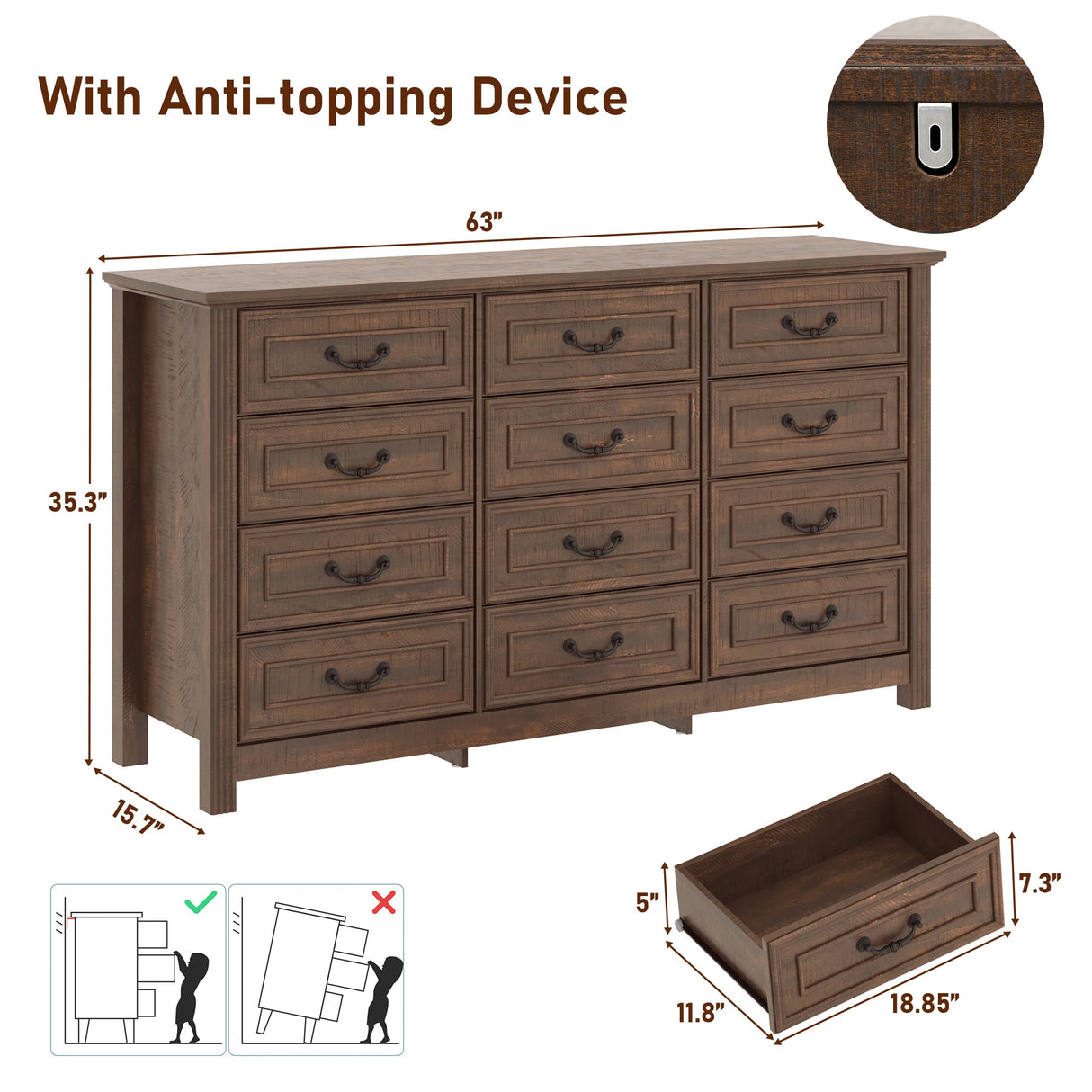 Rustic Wooden 12-Drawer Large Bedroom Dresser Chest