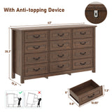 Rustic Wooden 12-Drawer Large Bedroom Dresser Chest