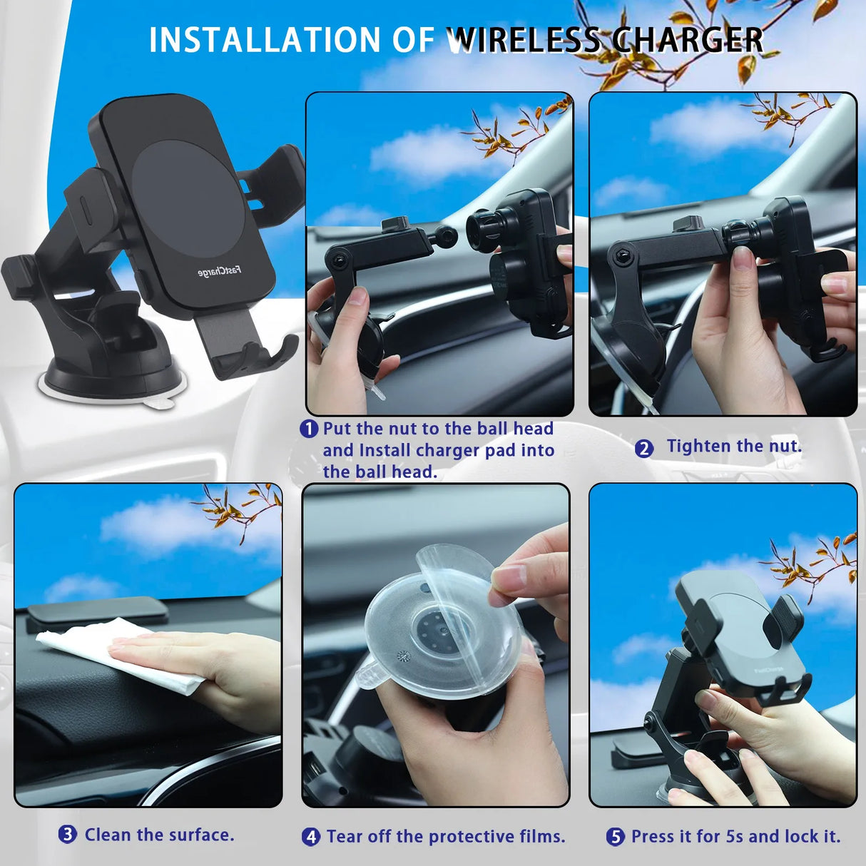 15W Fast Wireless Auto Clamping Car Charger Phone Holder