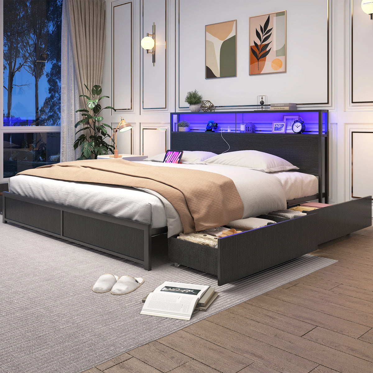 Queen LED Platform Bed Frame With Storage Drawers and USB Charging