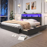 Queen LED Platform Bed Frame With Storage Drawers and USB Charging