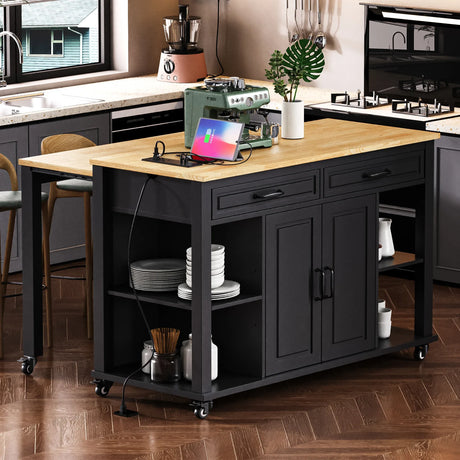 Extendable Rubber Wood Veneer Kitchen Island Cart - Omega Lifestyles