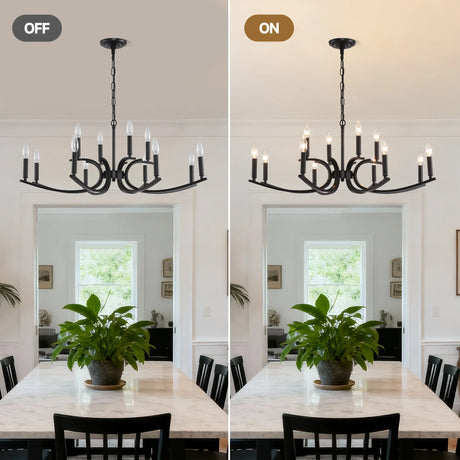 12-Light Matte Black Farmhouse Metal Chandelier Adjustable Height - Omega Lifestyles