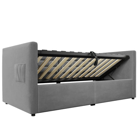 Twin Gray Velvet Upholstered Hydraulic Storage Daybed With USB Charging - Omega Lifestyles