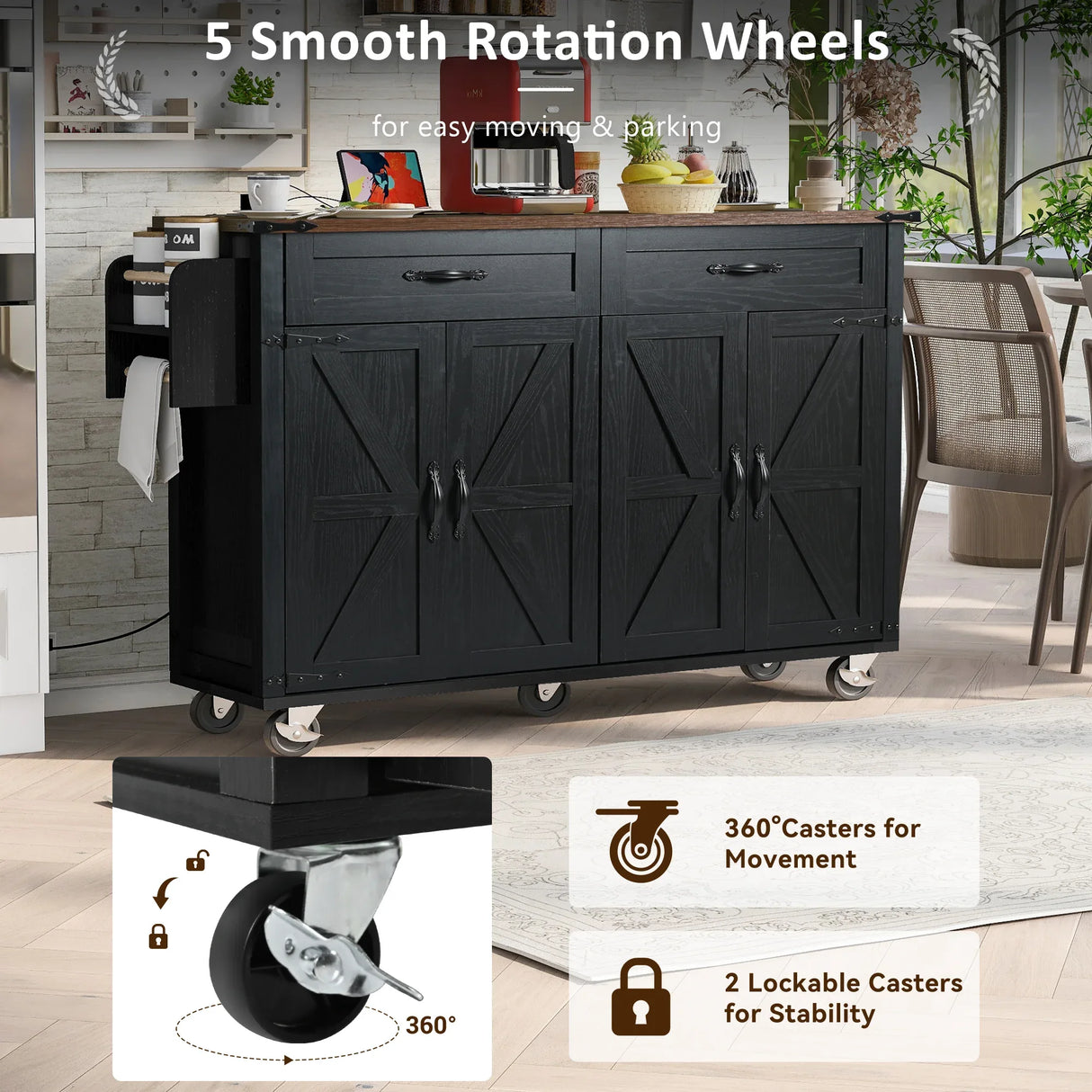 Farmhouse Style Rolling Kitchen Island With Power Outlet - Omega Lifestyles