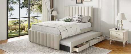 Full Full Size Upholstered Linen Platform Bed With Trundle - Omega Lifestyles
