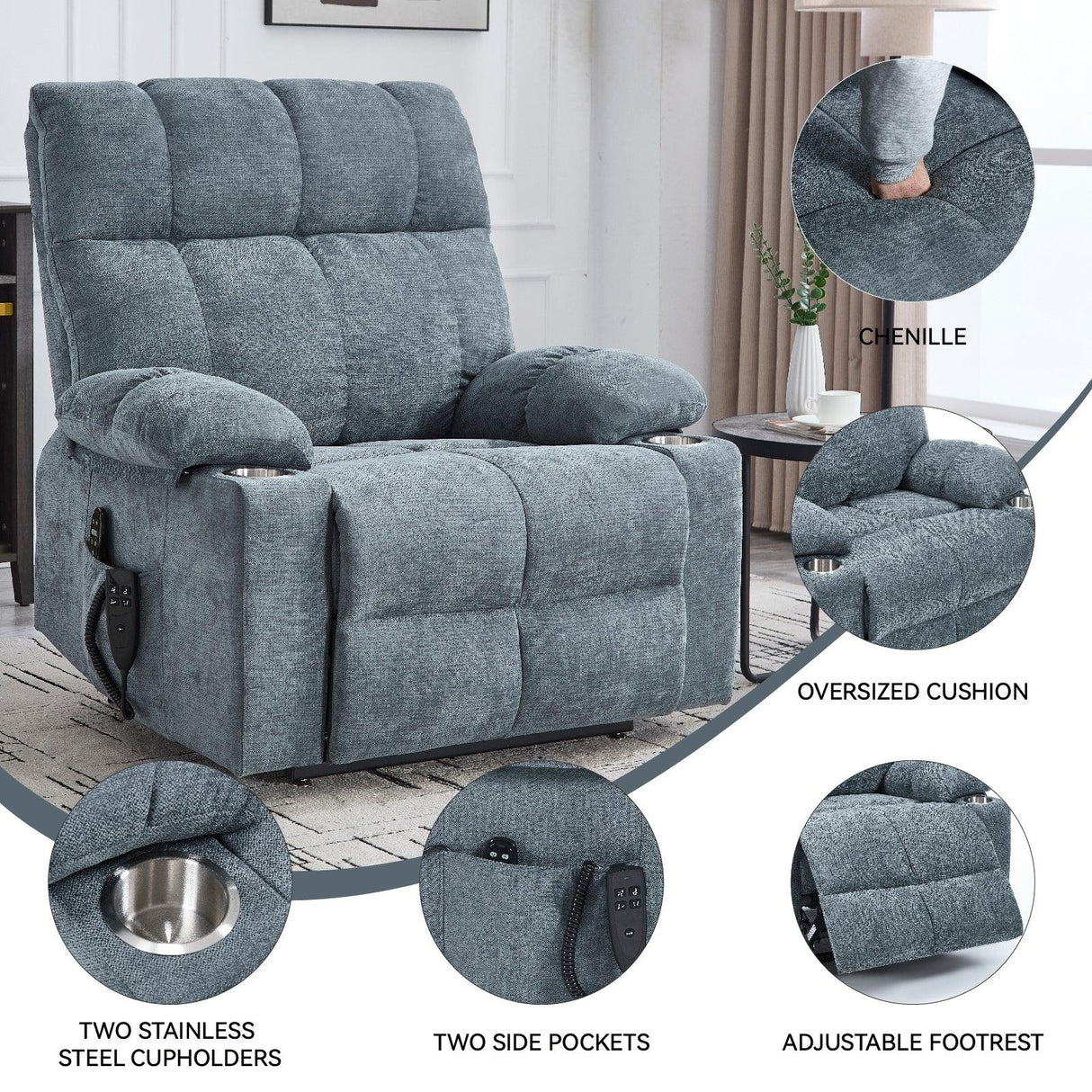 Medium-Firm Chenille Power Lift Recliner Chair With Massage - Omega Lifestyles