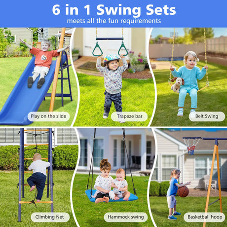 7-in-1 Heavy-Duty Metal Kids Backyard Swing Set - Omega Lifestyles