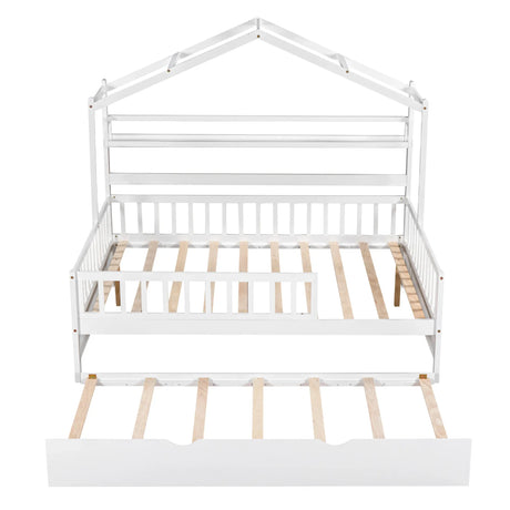 Full Size Wooden House Bed With Twin Trundle And Shelves - Omega Lifestyles