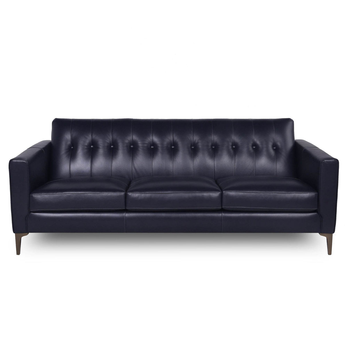 Mid-Century Tufted Navy Leather 3-Seat Sofa - Omega Lifestyles
