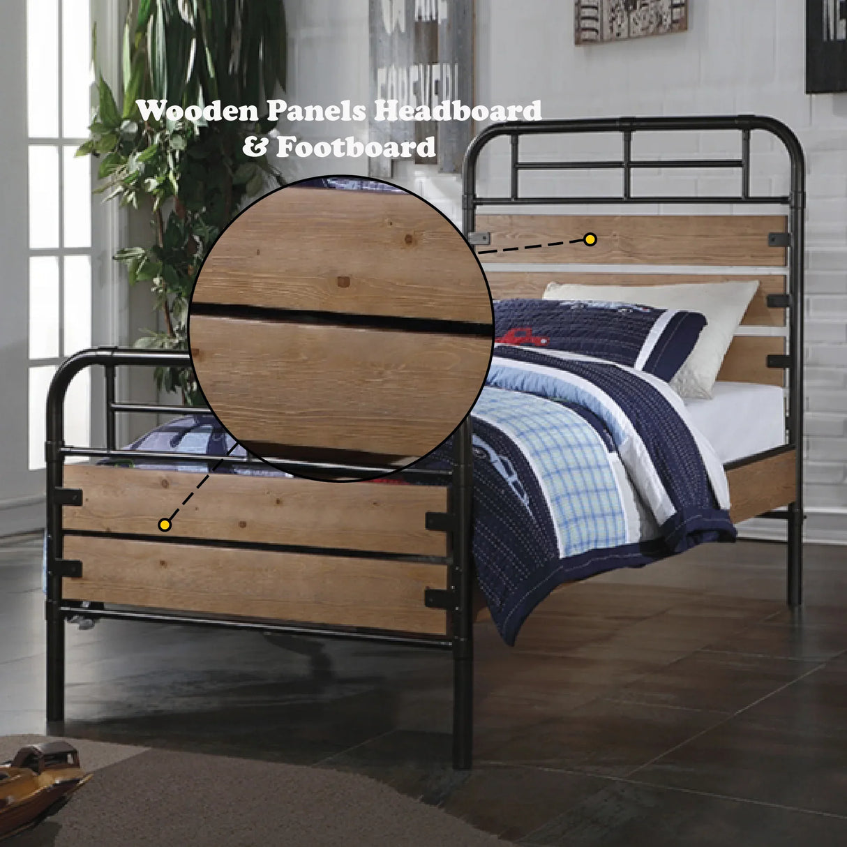 Twin Panel Bed Metal Frame With Oak Wooden Slats - Omega Lifestyles