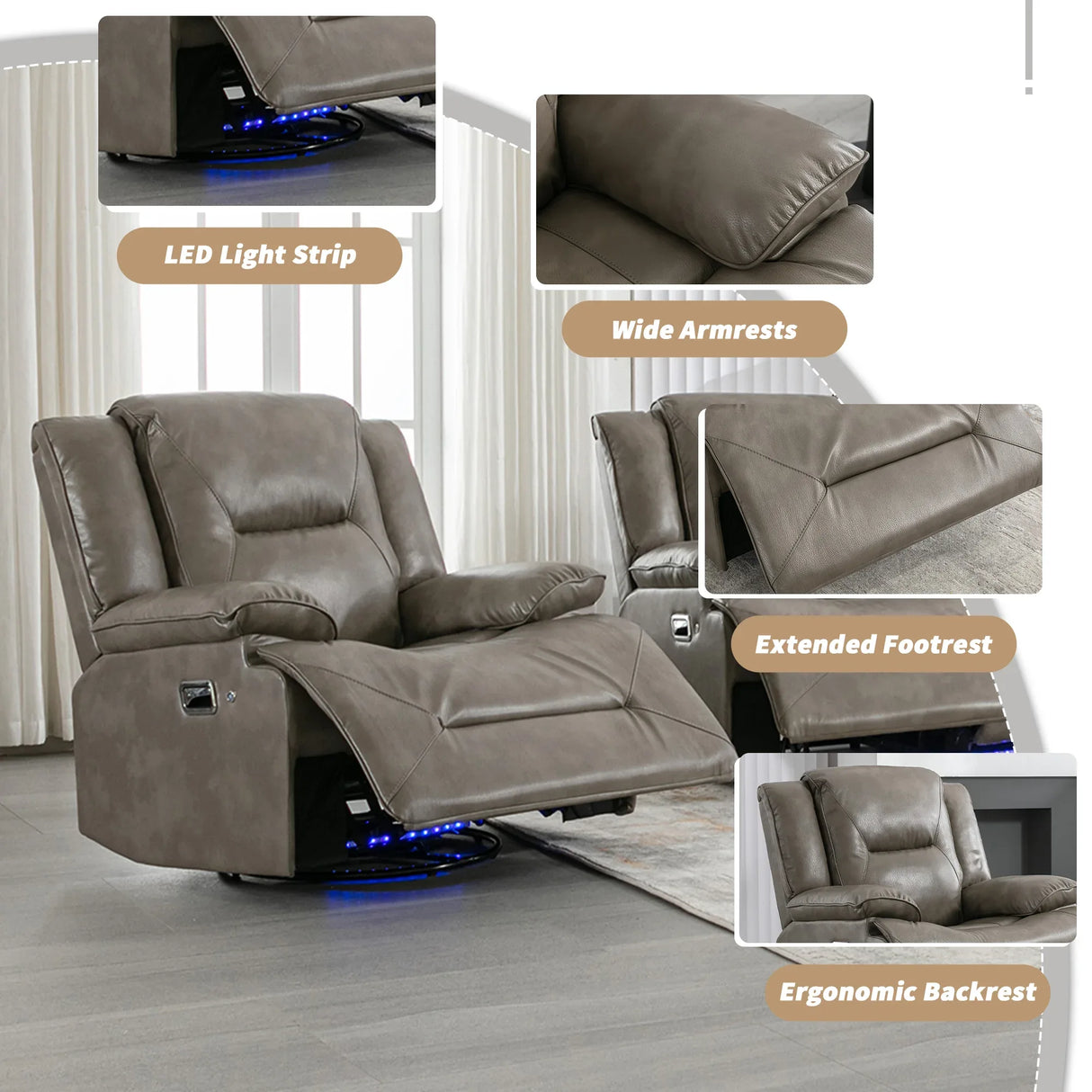Grey Leather Gel Manual Recliner Chair With LED Lights - Omega Lifestyles
