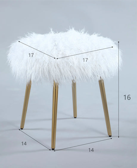 White Faux Fur Glamour Accent Ottoman With Rose Gold Legs - Omega Lifestyles