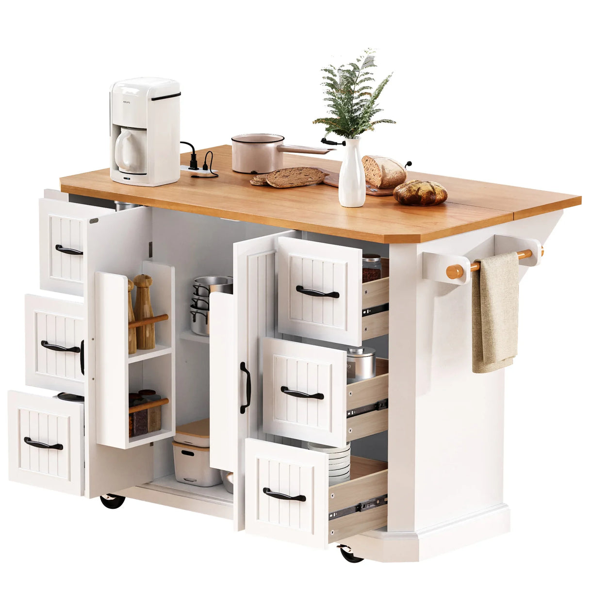 Rustic White Rubber Wood Rolling Kitchen Island Cart - Omega Lifestyles