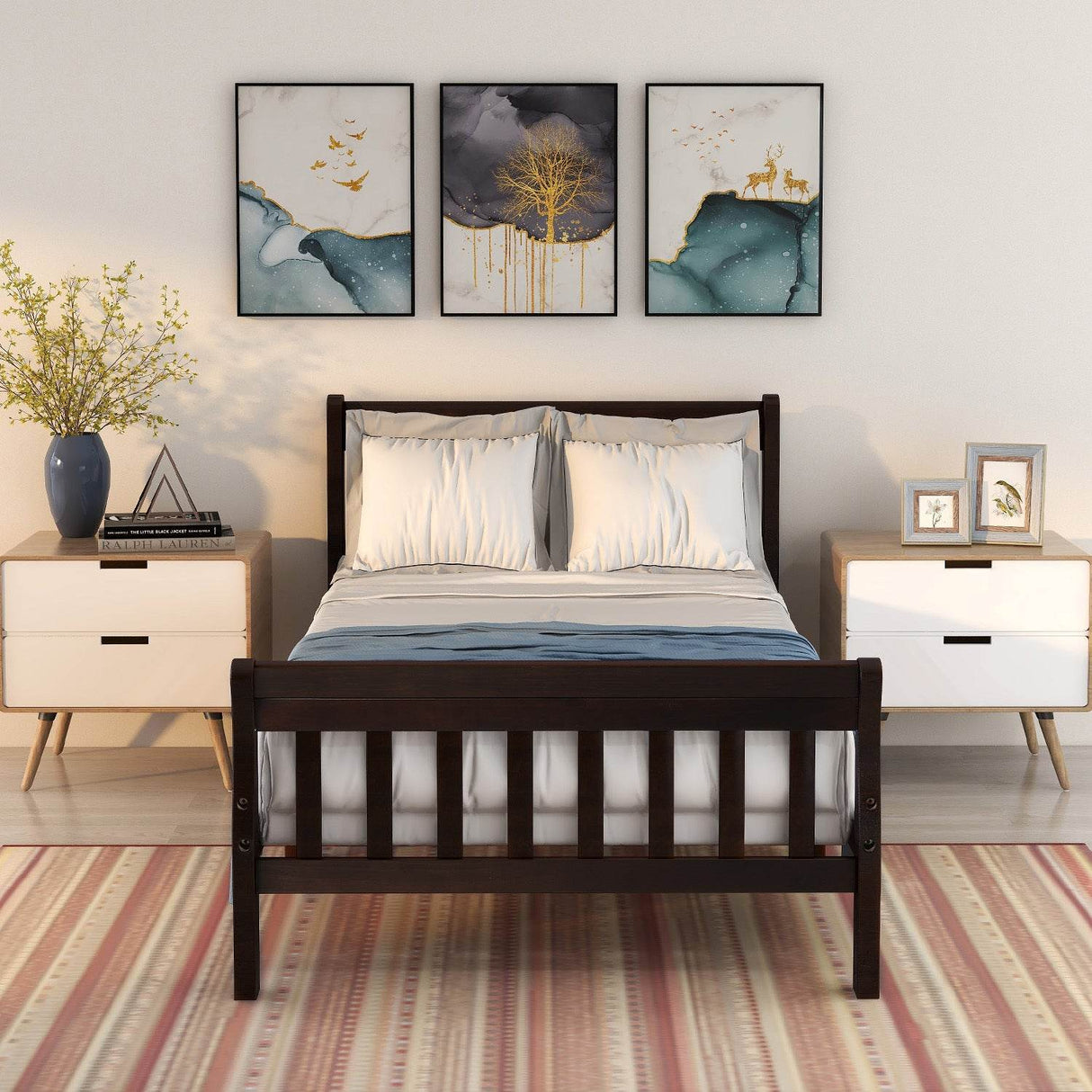 Twin Solid Wood Sleigh Platform Bed Frame With Headboard - Omega Lifestyles