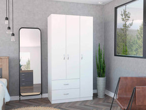 Modern White Particle Board Bedroom Armoire With Shelves Drawers Hanging - Omega Lifestyles