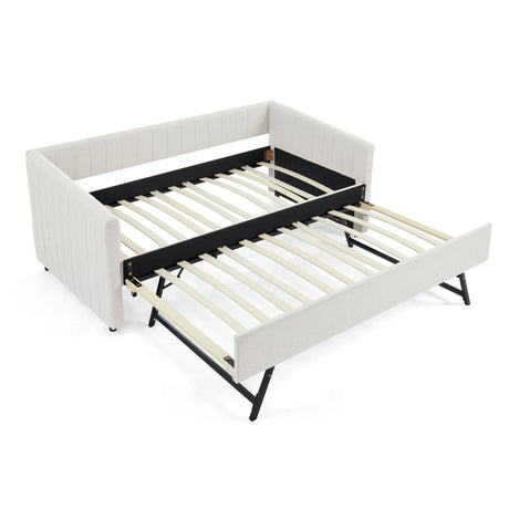 Twin Upholstered Linen Daybed With Functional Trundle - Omega Lifestyles