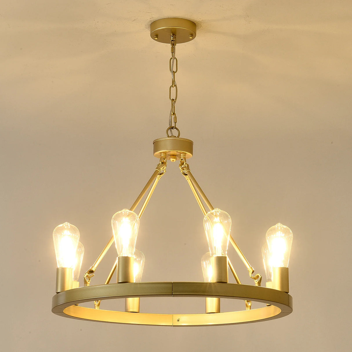 Farmhouse Wagon Wheel Gold Metal Chandelier 24-Inch - Omega Lifestyles