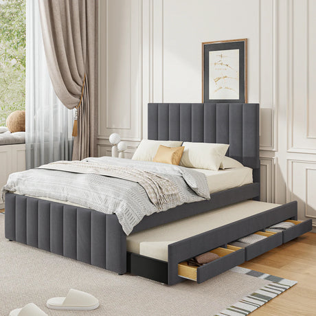 Full Size Upholstered Linen Platform Bed With Trundle Drawers - Omega Lifestyles