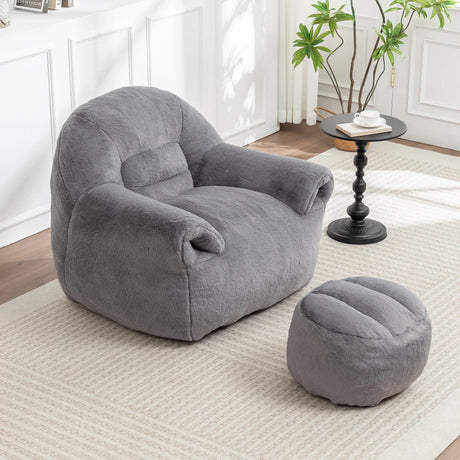 Faux Fur High-Density Foam Bean Bag Chair With Footstool - Omega Lifestyles