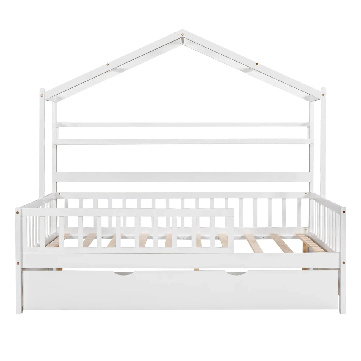 Full Size Wooden House Bed With Twin Trundle And Shelves - Omega Lifestyles