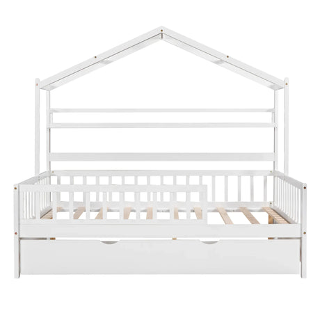 Full Size Wooden House Bed With Twin Trundle And Shelves - Omega Lifestyles