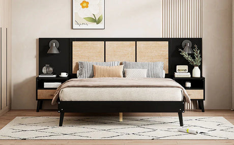 Queen Solid Wood Platform Bed Frame With Nightstands And Lamps - Omega Lifestyles