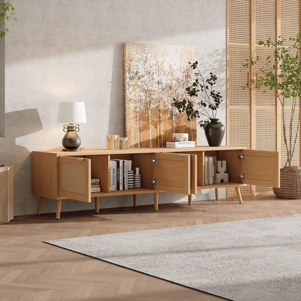 70-Inch Modern Natural Wood TV Stand With Rattan Doors - Omega Lifestyles