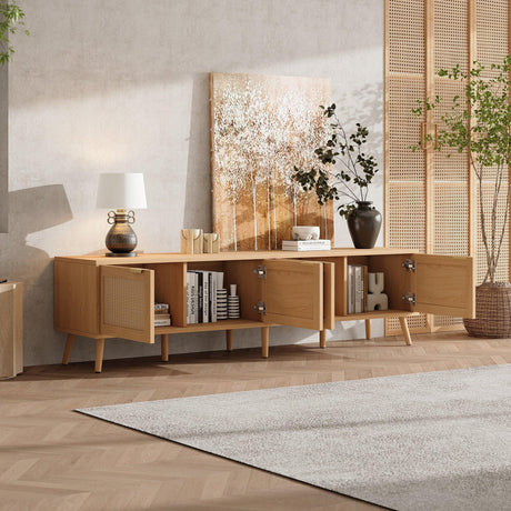70-Inch Modern Natural Wood TV Stand With Rattan Doors - Omega Lifestyles